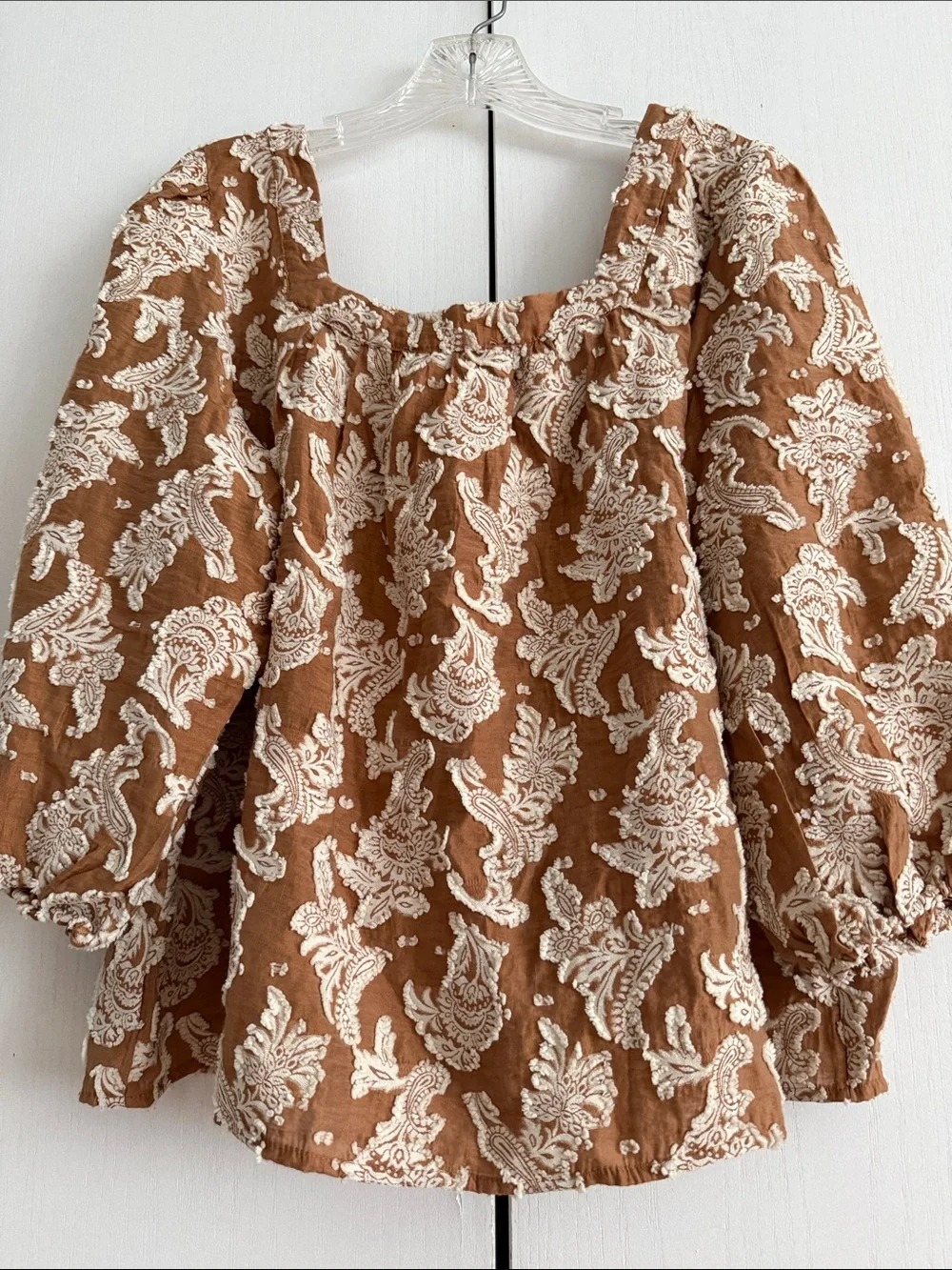 Anthropologie Jacquard Paisley Button Down Top 3/4 Puff Sleeve Romantic Boho Sz
